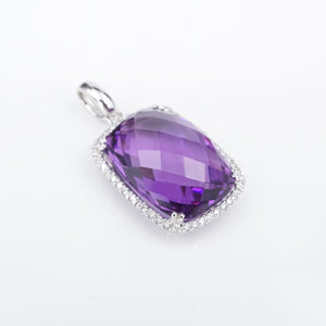 14k Amethyst Diamond Halo Pendant White Gold Cushion Drop 1" PG1815