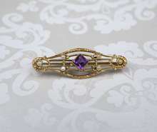 Vintage 14k Gold Bar Pin Brooch Yellow Gold Amethyst Seed Pearl 1/2" OG464
