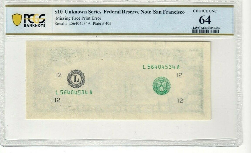 Federal Reserve Note $10 Missing Face Print Error Choice UNC 64 CO626