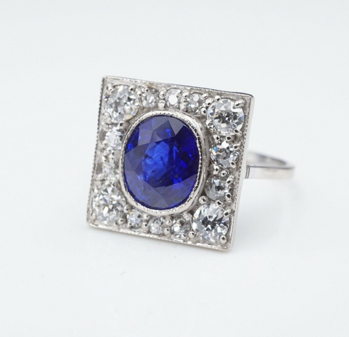 Antique 18K Gold 4ct Blue Ceylon Sapphire Diamond Halo Ring Size 7.25 GIA RG3307