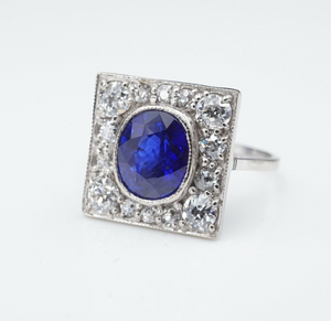 Antique 18K Gold 4ct Blue Ceylon Sapphire Diamond Halo Ring Size 7.25 GIA RG3307