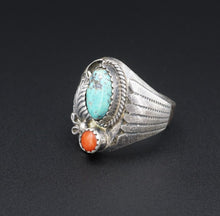 Navajo Oscar Alexius Sterling Silver Coral Turquoise Ring Size 10.25 RS3347