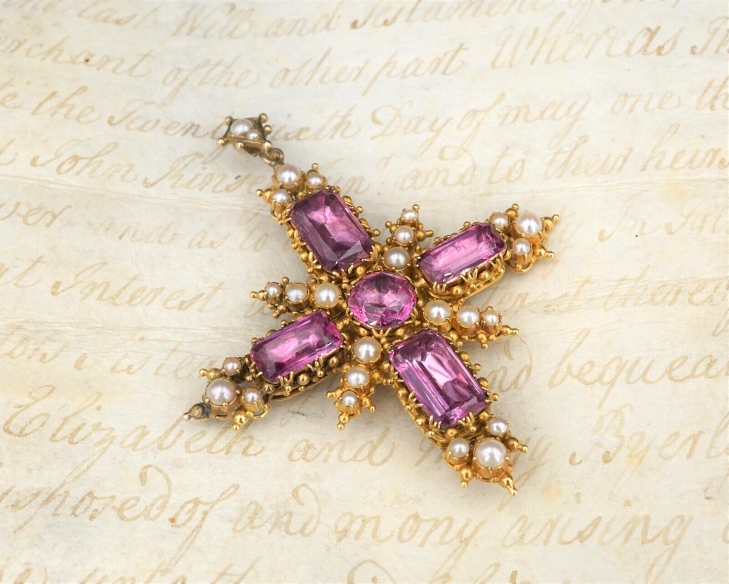 Antique 1850s 18k Yellow Gold Natural Pearl Pink Topaz Cross Pendant 2.4
