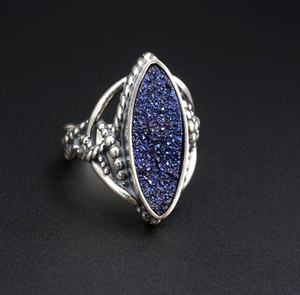 Carolyn Pollack Ring Blue Druzy Quartz Sterling Silver Relios Size 8.25 RS3399