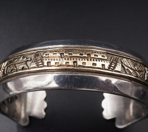 Navajo James Pioche Sterling Silver 14k Gold Pueblo Scene Cuff Bracelet BS1789