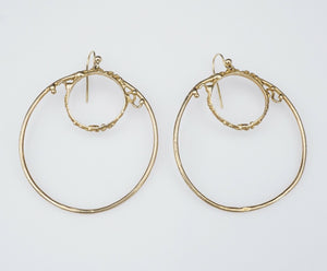 Modernist 9k Yellow Gold Open Circle Dangle Hoop Earrings 1.6" Jean Mahie EG1638