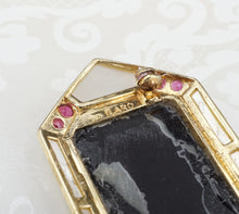 Vintage 14k Yellow Gold Onyx Slab Mother of Pearl Ruby Brooch Pin 1.7" OG442