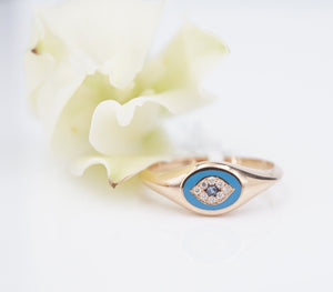 18k Enamel Sapphire Diamond Signet Ring Evil Eye Rose Gold Size 6.5 NWOT RG4331