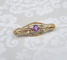 Vintage 14k Gold Bar Pin Brooch Yellow Gold Amethyst Seed Pearl 1/2" OG464