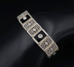 Antique Art Deco Platinum over 14k Gold Onyx Diamond Filigree Bracelet BG790