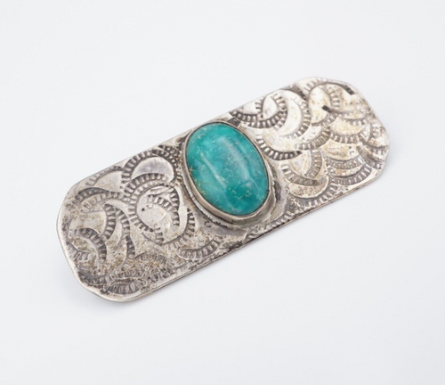 Vintage Navajo Turquoise Brooch Sterling Silver Hand Signed 1.9” OS635