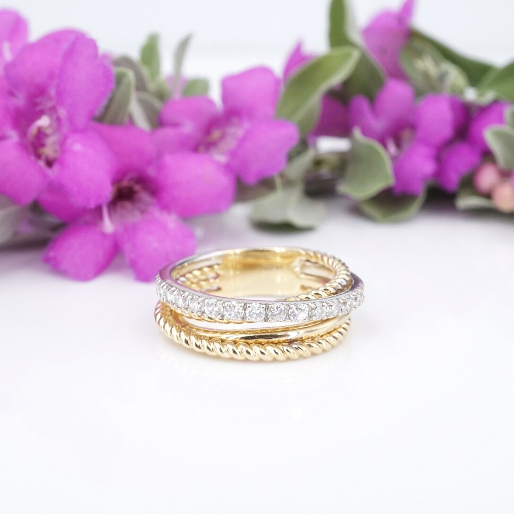 14k Gold Diamond Crossover Band 2 Tone 1/2 carat Yellow White Size 6.5 RG4324