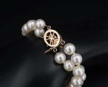 Vintage 14K Gold Double Strand Pearl Jade Cabochon Clasp Bracelet 8" 7mm BG796