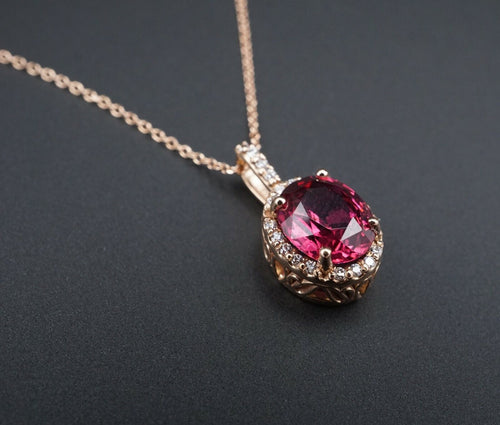 14k Rose Gold Natural Pink Sapphire Diamond Halo Pendant Necklace 16-18