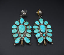 Vintage Navajo Squash Blossom Earrings Turquoise Sterling Silver 2.5" ES2528