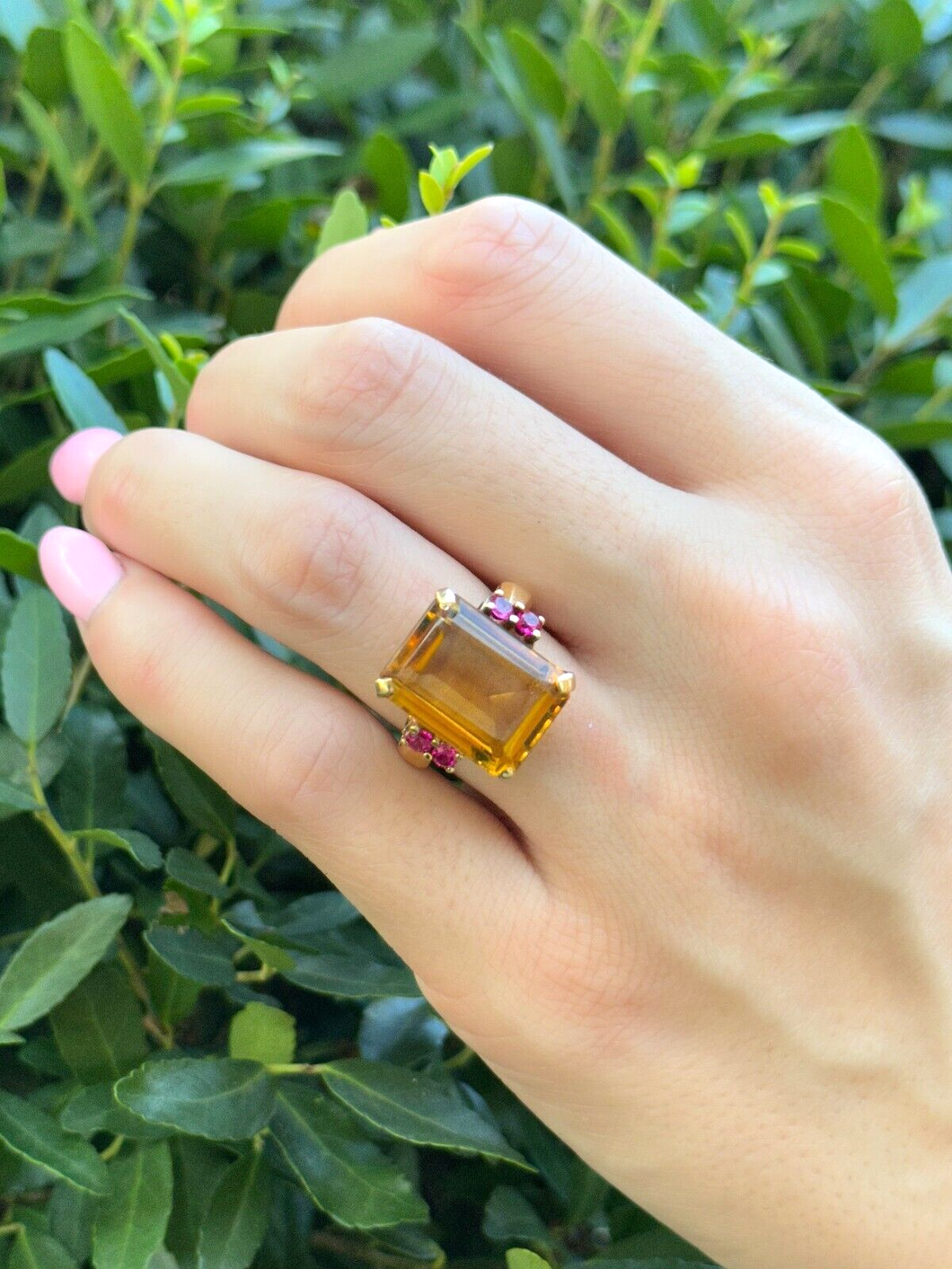 1940s Retro 14K Ring Cocktail Candy Yellow Gold 9ct Citrine Ruby Sz 5.75 RG4303