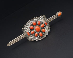 Vintage Southwestern Sterling Silver Coral Hair Clip Stick Pin Bun Holder M1876