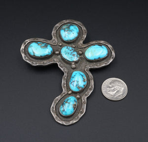 Vintage Rustic Navajo Turquoise Cross Pendant Pin Sterling Silver 3.2" PS2123