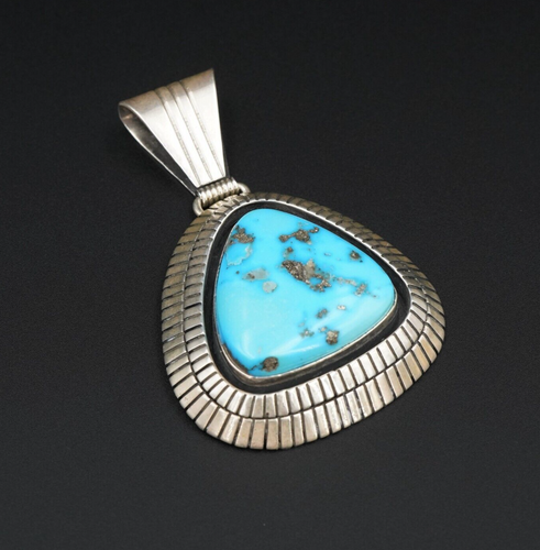 Navajo Tom Lewis Sterling Silver Turquoise Cabochon Pendant 2.4