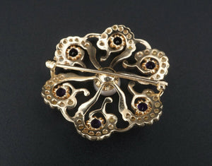 Vtg 14k Yellow Gold Amethyst Seed Pearl Sunburst Scroll Pin Brooch 1.4" OG334