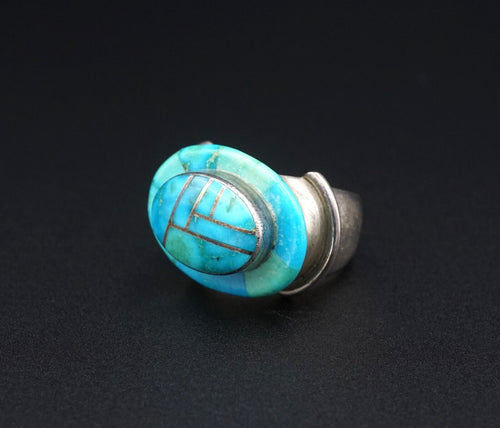 Navajo Edison Billy Sterling Silver Turquoise Mosaic Inlay Ring Size 7 RS3429