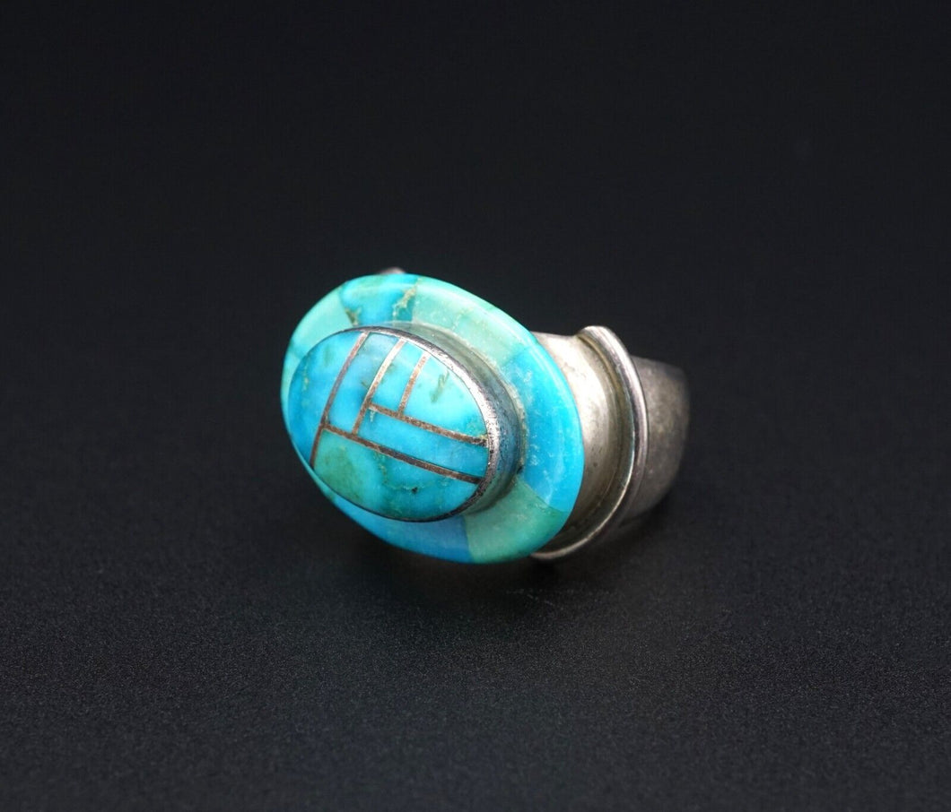 Navajo Edison Billy Sterling Silver Turquoise Mosaic Inlay Ring Size 7 RS3429