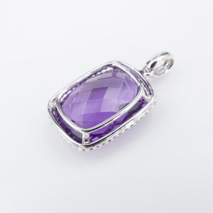 14k Amethyst Diamond Halo Pendant White Gold Cushion Drop 1" PG1815