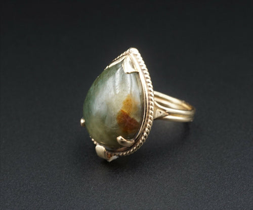 Vintage Ming's Jade Ring Bi-Color 14k Yellow Gold Size 5.5 13mm CO762