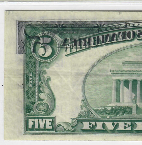 1950A Federal Reserve $5 Note Offset Printing Error Face to Back 30PPQ CO626L