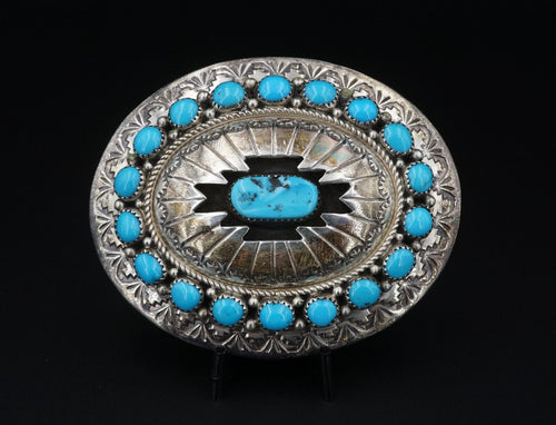 Vintage Navajo Sterling Silver Turquoise Belt Buckle 3