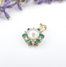 14k Yellow Gold Pearl Pendant Emerald Diamond Halo Cluster Flower Sun PG1759