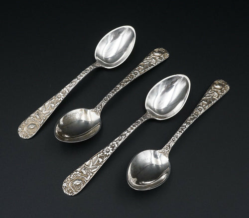 1828 S. Kirk & Son Sterling Silver Set of Four Repousse Demitasse Spoon M1509