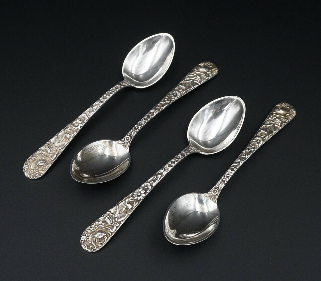 1828 S. Kirk & Son Sterling Silver Set of Four Repousse Demitasse Spoon M1509