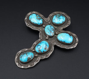 Vintage Rustic Navajo Turquoise Cross Pendant Pin Sterling Silver 3.2" PS2123