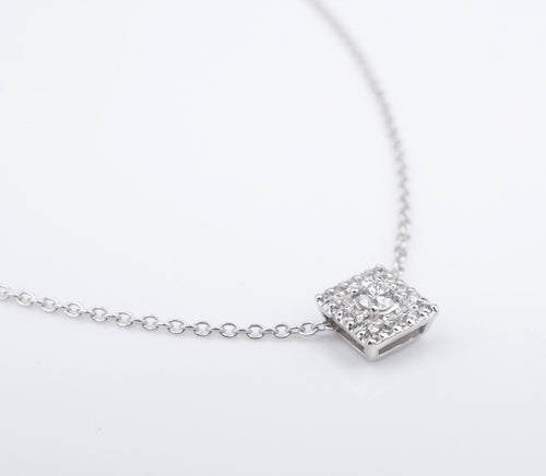 Diamond Halo Necklace 14k White Gold Square Fixed Pendant Natural 16