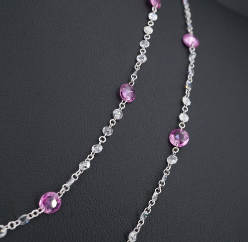 18k White Gold Drilled Dancing Diamond Pink Sapphire Station Necklace 36