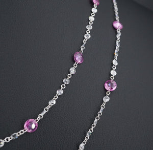 18k White Gold Drilled Dancing Diamond Pink Sapphire Station Necklace 36" NG1029