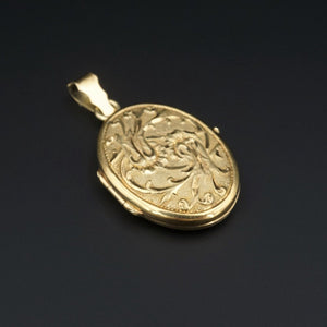 Vintage 14k Yellow Gold Locket Repousse Pendant Floral Iris 1.6" PG1648