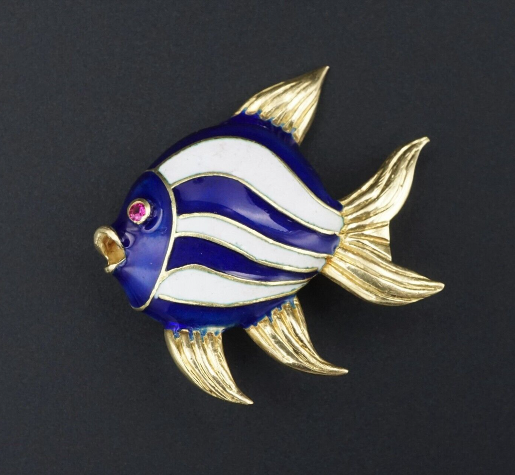 Kurt Gutmann 18k Fish Pin Brooch Blue Enamel Yellow Gold Ruby 1.25