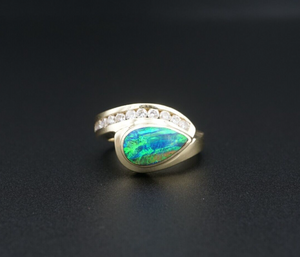 14k Yellow Gold Diamond Black Opal Cabochon Cocktail Ring Size 5.75 RG4297