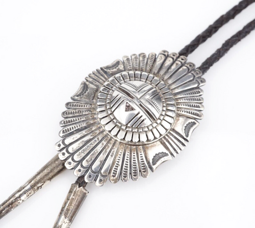 Navajo Bolo Tie Sterling Silver Kachina Sun Face Signed EC Artisan 19