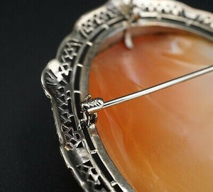 Unique 14k White Gold Carved Shell Mother Child Cameo Pendant Brooch 2" OG345