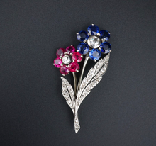 Antique Platinum Gold 5ct Sapphire Ruby Diamond Floral Pin Brooch 1.9" OG441