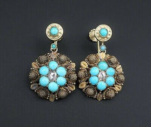 Antique 14k Yellow Gold Turquoise Rose Cut Diamond Ornate Dangle Earrings EG1598