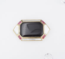 Vintage 14k Yellow Gold Onyx Slab Mother of Pearl Ruby Brooch Pin 1.7" OG442