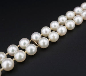 Vintage 14K Gold Double Strand Pearl Jade Cabochon Clasp Bracelet 8" 7mm BG796