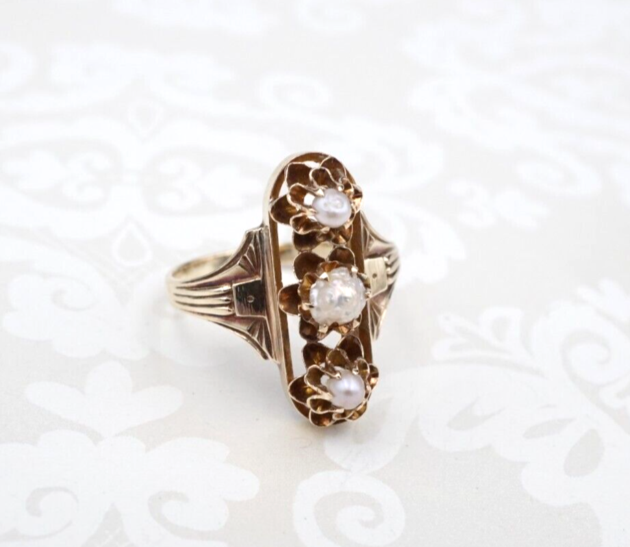 Antique 10k Yellow Gold Victorian Seed Pearl Cocktail Ring Size 6.25 RG4264