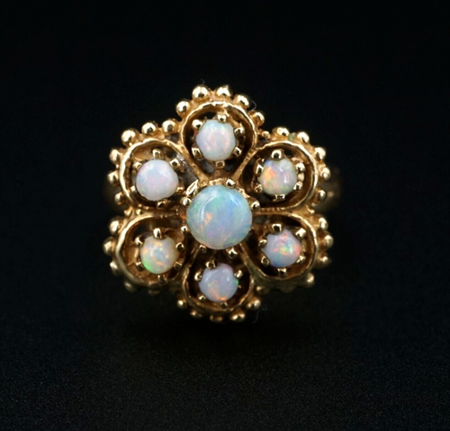 Vintage 14k Yellow Gold Opal Ring Halo Flower Natural Size 4.25 RG3962