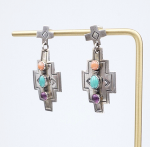 Navajo Earrings Multi-Gemstone Sterling Silver Signed Joe Delgarito 1.5" ES2558