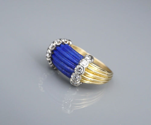 Vintage Diamond Lapis Carved 18k Gold Band Ring Size 5.5 Yellow Fluted RG4371